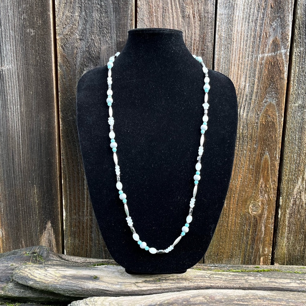 Loft silver, blue & gray long beaded necklace